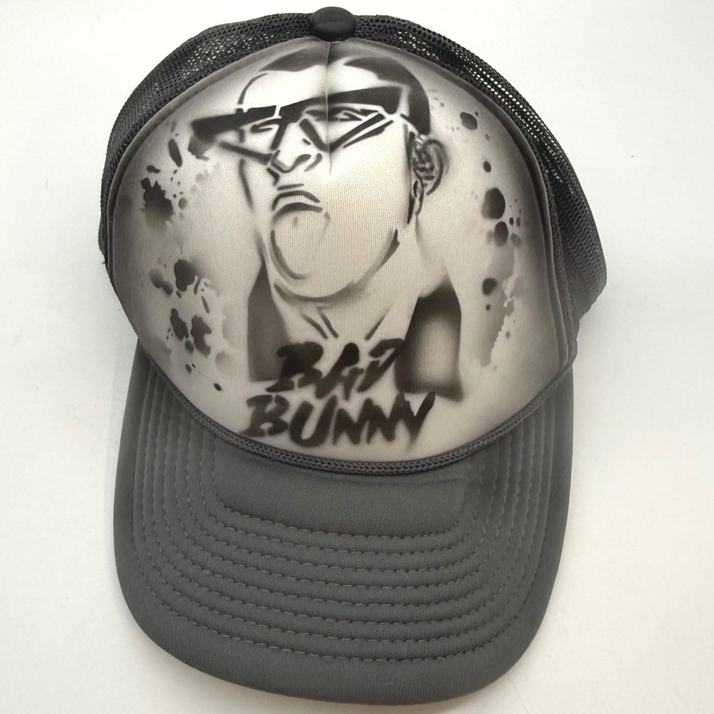 Decky Bad Bunny Airbrush Graphic Trucker Hat Gray Black Snapback Cap 6025